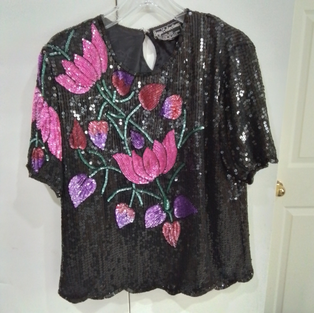 Royal Collection Black Sequin Top with Pink and Purple Floral Design